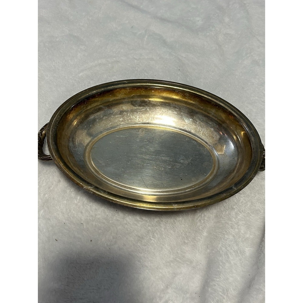 Vintage Silver Plated Oval Serving Bowl Ornate Shell Handles Tarnished Patina